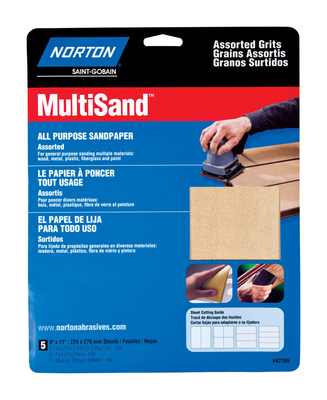 NORTON - Norton MultiSand 11 in. L X 9 in. W Assorted Grit Aluminum Oxide All Purpose Sandpaper 5 pk