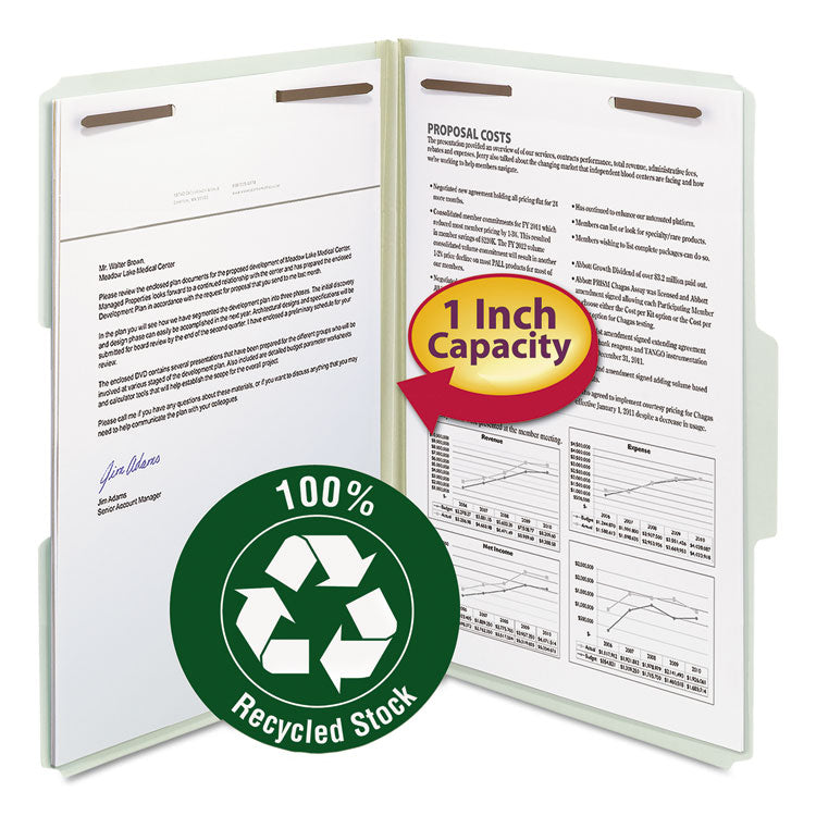 Smead - 100% Recycled Pressboard Fastener Folders, Legal Size, 1" Expansion, Gray-Green, 25/Box