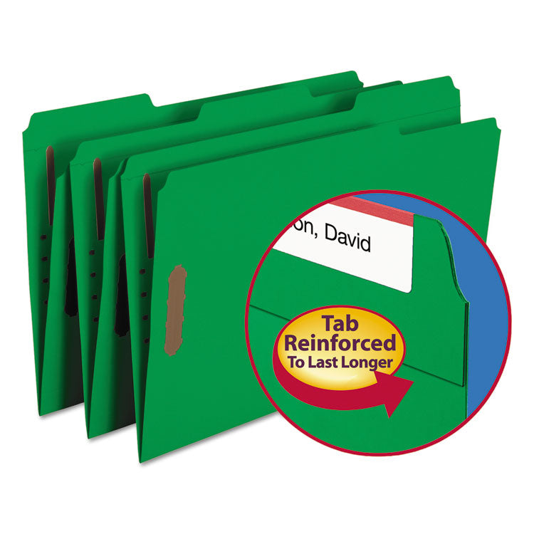 Smead - Top Tab Colored Fastener Folders, 2 Fasteners, Legal Size, Green Exterior, 50/Box