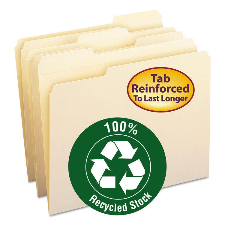 Smead - 100% Recycled Reinforced Top Tab File Folders, 1/3-Cut Tabs: Assorted, Letter Size, 0.75" Expansion, Manila, 100/Box