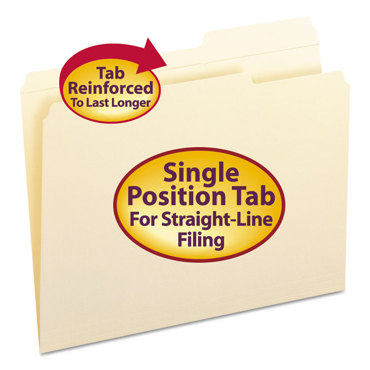 Smead - Reinforced Guide Height File Folders, 2/5-Cut Tabs: Right Position, Letter Size, 0.75" Expansion, Manila, 100/Box