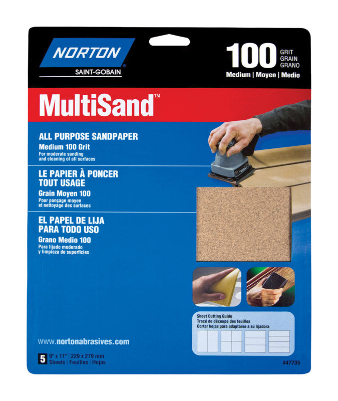 NORTON - Norton MultiSand 11 in. L X 9 in. W 100 Grit Aluminum Oxide All Purpose Sandpaper 5 pk