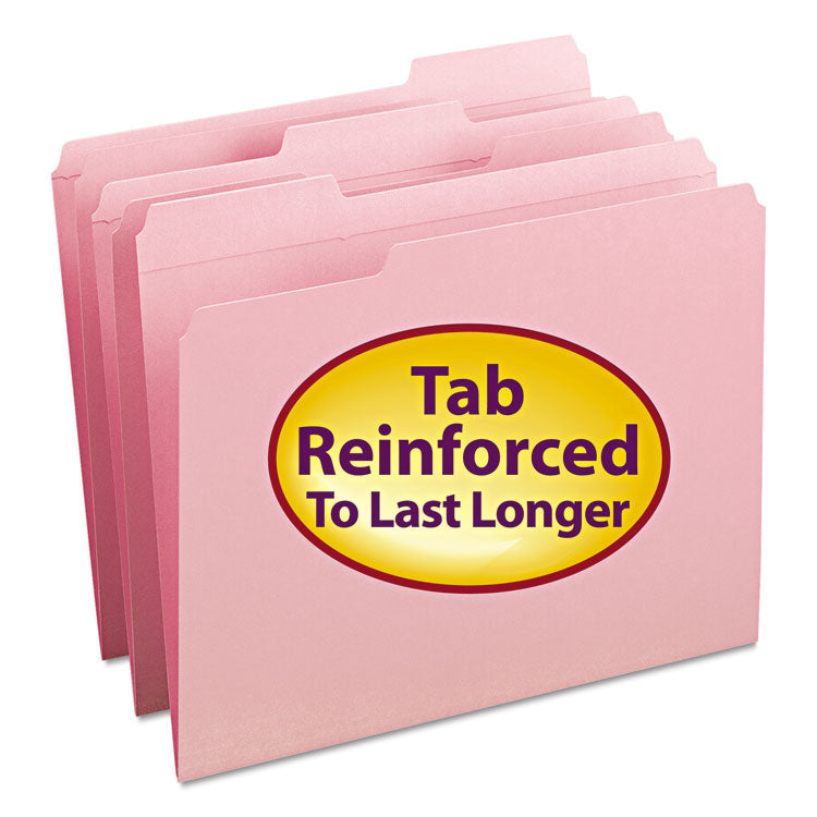 Smead - Reinforced Top Tab Colored File Folders, 1/3-Cut Tabs: Assorted, Letter Size, 0.75" Expansion, Pink, 100/Box