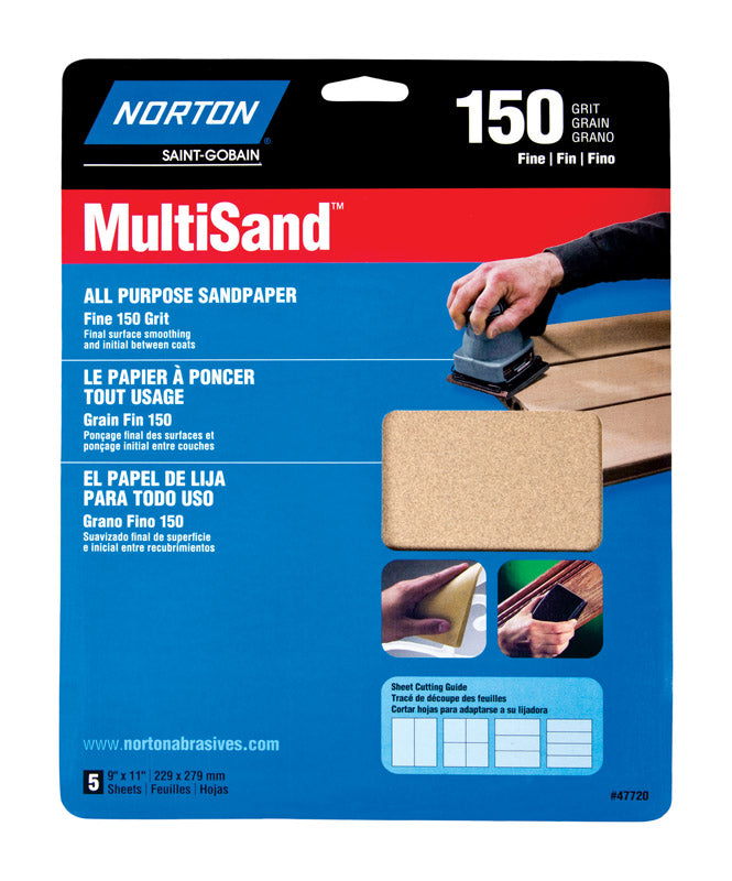 NORTON - Norton MultiSand 11 in. L X 9 in. W 150 Grit Aluminum Oxide All Purpose Sandpaper 5 pk