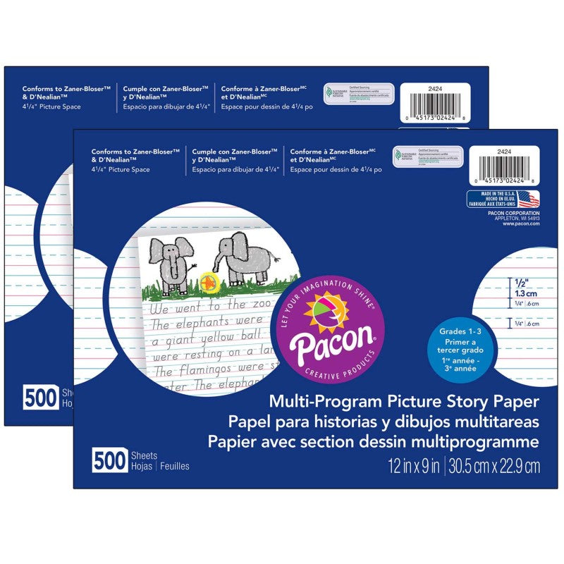 PACON - Multi-Program Picture Story Paper, 1/2" Ruled, White, 12" x 9", 500 Sheets Per Pack, 2 Packs