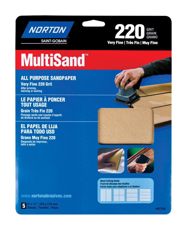 NORTON - Norton MultiSand 11 in. L X 9 in. W 220 Grit Aluminum Oxide All Purpose Sandpaper 5 pk