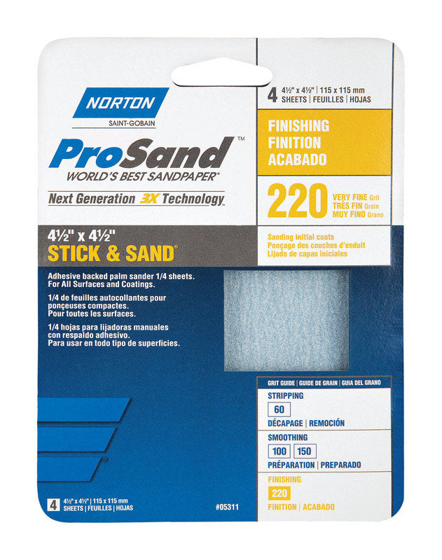 NORTON - Norton ProSand 4-1/2 in. L X 4-1/2 in. W 220 Grit Aluminum Oxide Sanding Sheet 4 pk