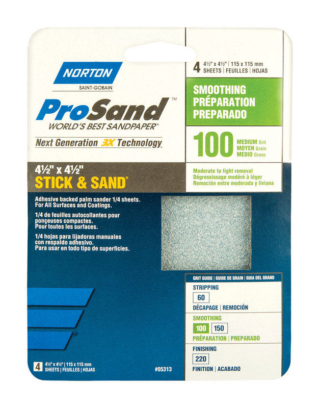 NORTON - Norton ProSand 4-1/2 in. L X 4-1/2 in. W 100 Grit Aluminum Oxide Sanding Sheet 4 pk