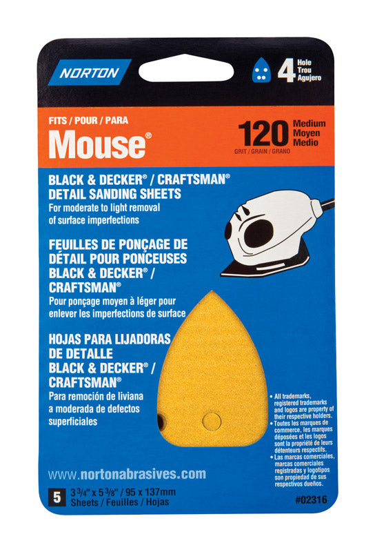 NORTON - Norton 5-1/4 in. L X 3-3/4 in. W 120 Grit Aluminum Oxide Mouse Sandpaper 5 pk