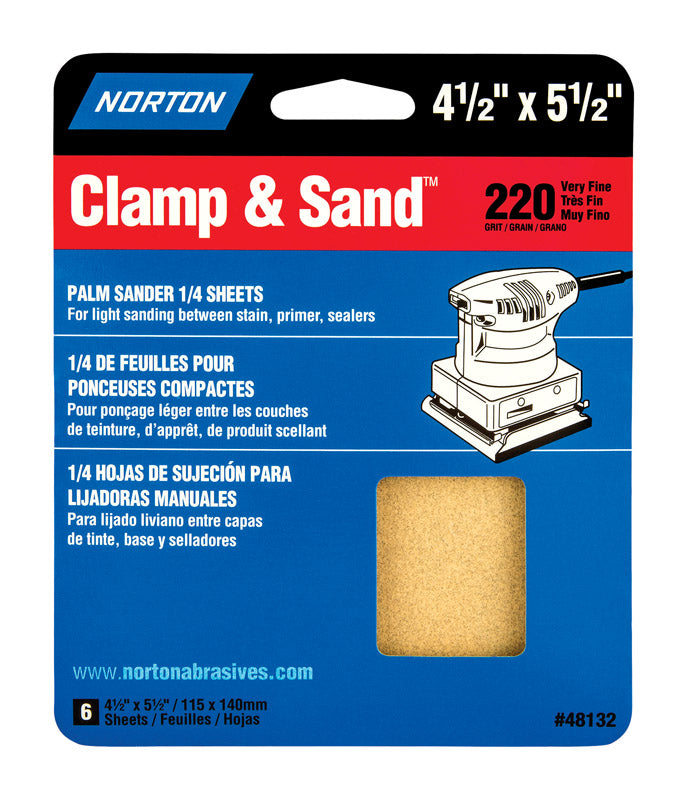 NORTON - Norton Clamp & Sand 5-1/2 in. L X 4-1/2 in. W 220 Grit Aluminum Oxide 1/4 Sheet Sandpaper 6 pk