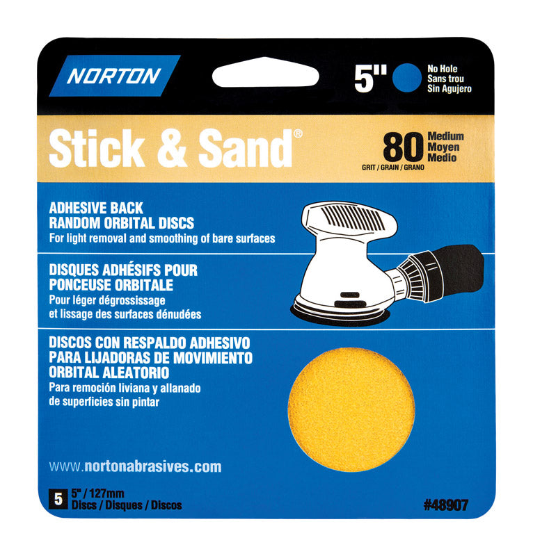 NORTON - Norton Stick & Sand 5 in. Aluminum Oxide Adhesive A250/A290/H290 Sanding Disc 80 Grit Coarse 5 pk