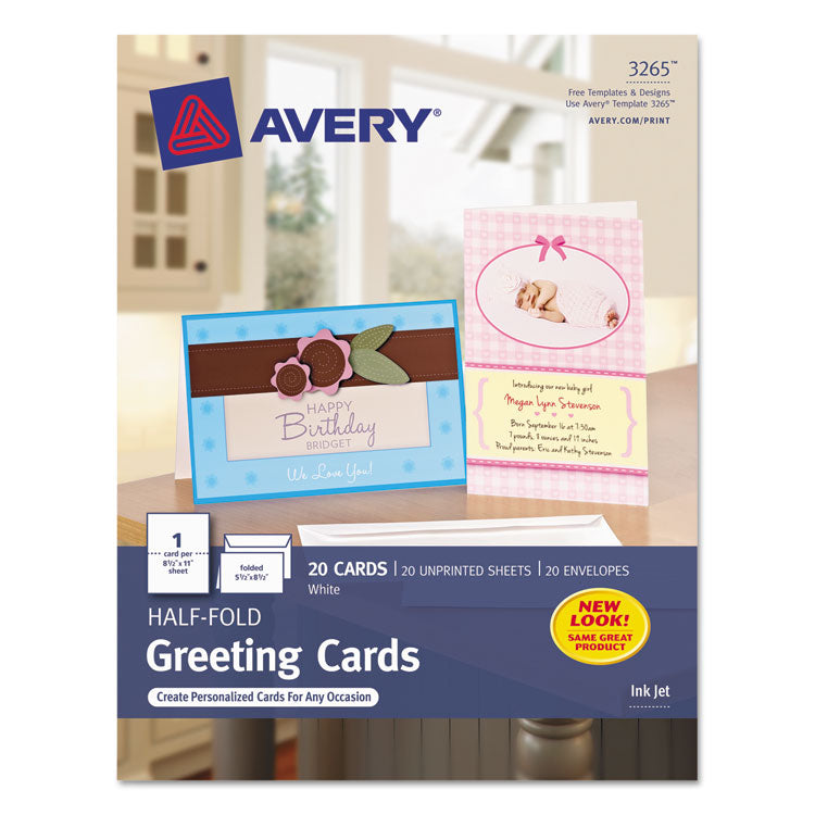 Avery - Half-Fold Greeting Cards with Matching Envelopes, Inkjet, 85 lb, 5.5 x 8.5, Matte White, 1 Card/Sheet, 20 Sheets/Box