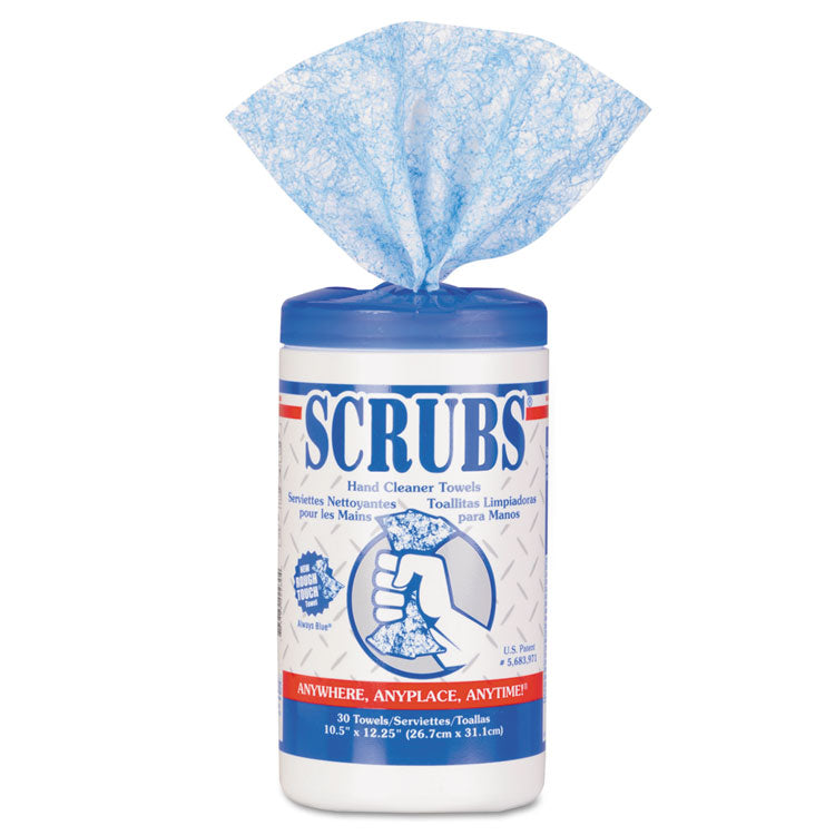 SCRUBS - Hand Cleaner Towels, 1-Ply, 10 x 12, Citrus, Blue/White, 30/Canister (9212812)