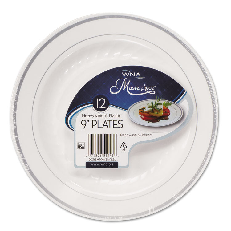 WNA - Masterpiece Plastic Dinnerware, 9" dia, White/Silver, 10/Pack