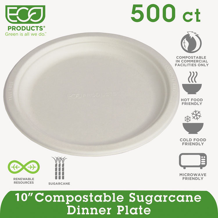 Eco-Products - Renewable and Compostable Sugarcane Plates, 10" dia, Natural White, 500/Carton