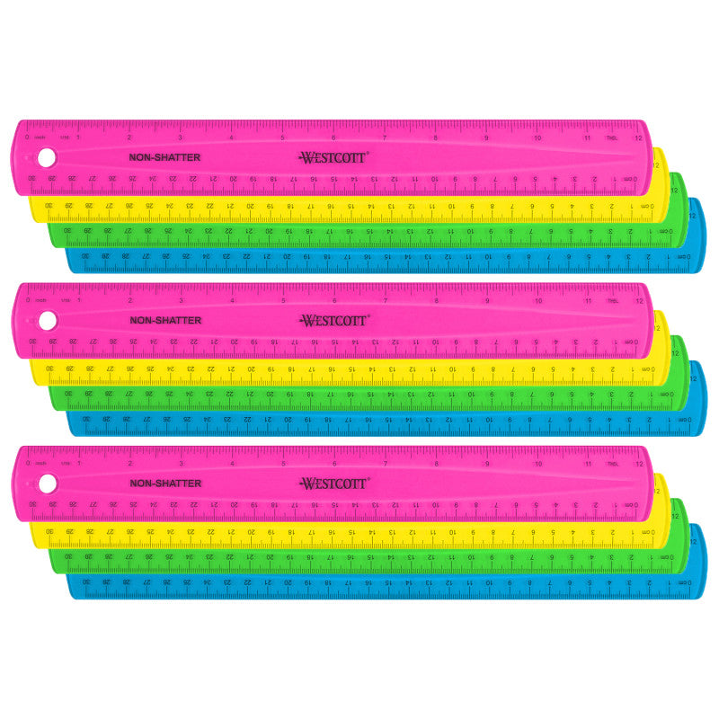 WESTCOTT - 12" Shatterproof Ruler with Anti-Microbial, Assorted Translucent Colors, Pack of 12