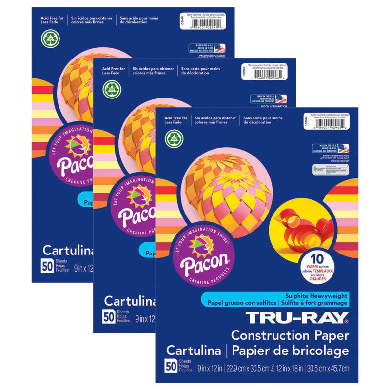 TRU-RAY - Construction Paper, Warm Assorted, 12" x 18", 50 Sheets Per Pack, 3 Packs