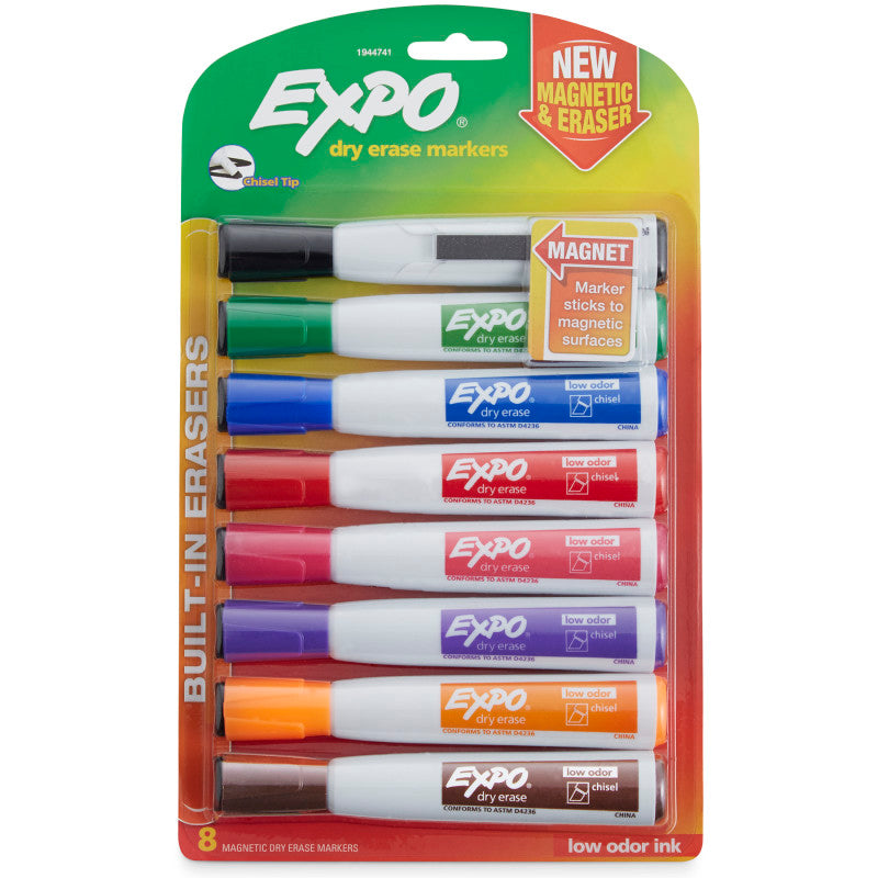 EXPO - Magnetic Dry Erase Markers with Eraser, Chisel Tip, Assorted Colors, 8-Count