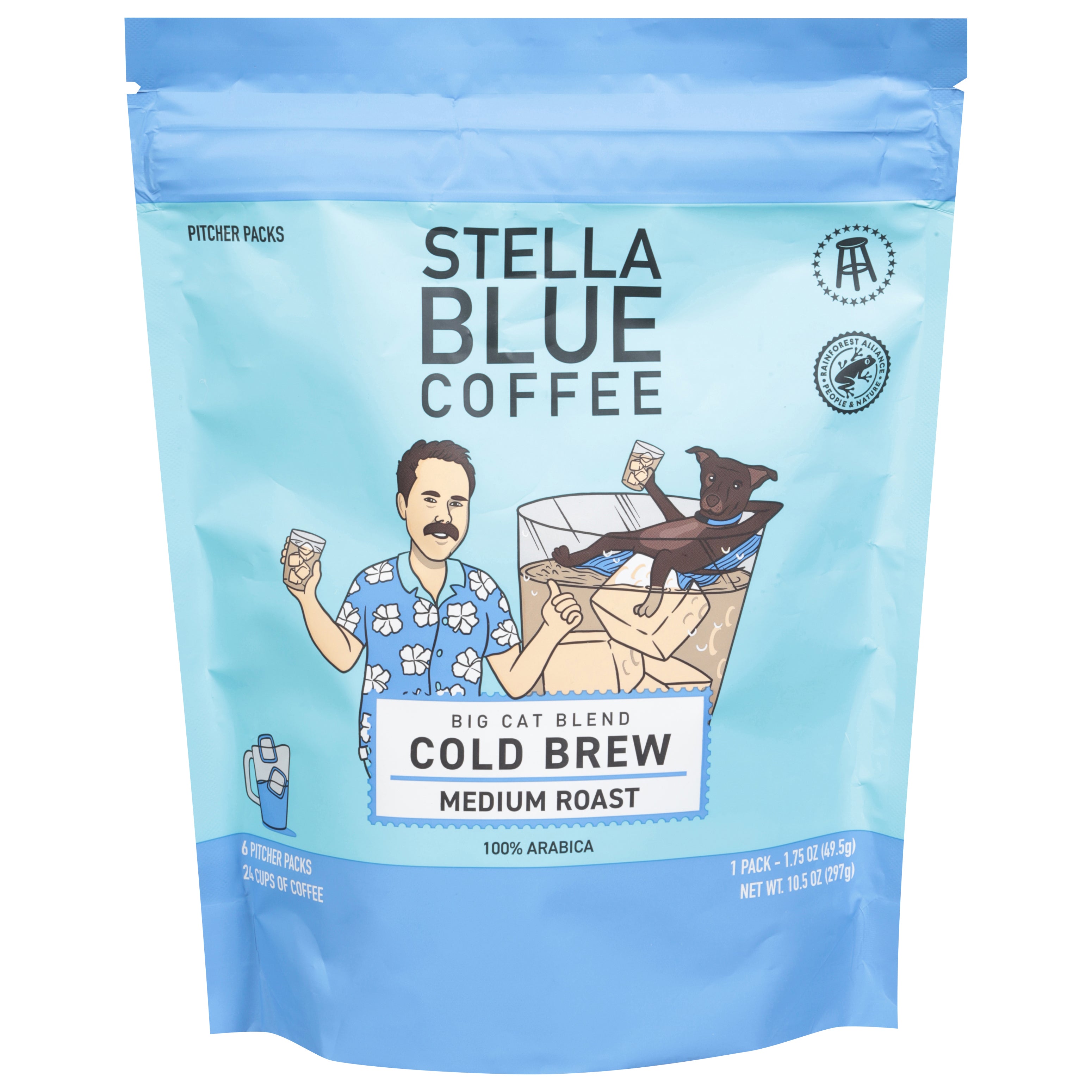 Stella Blue Cold Brew Medium Roast Big Cat Blend Coffee 6 - 1.75 oz Pitcher Packs - Case of 8
