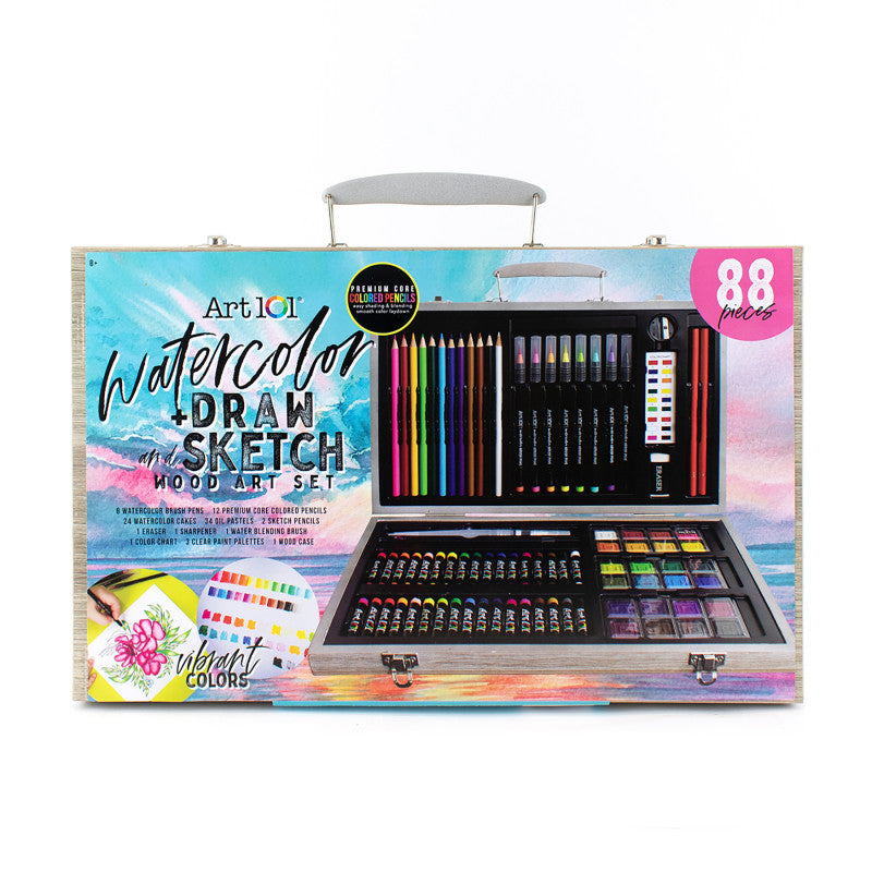 ART 101 - Watercolor, Draw & Sketch Wood Art Set, 88 Pieces
