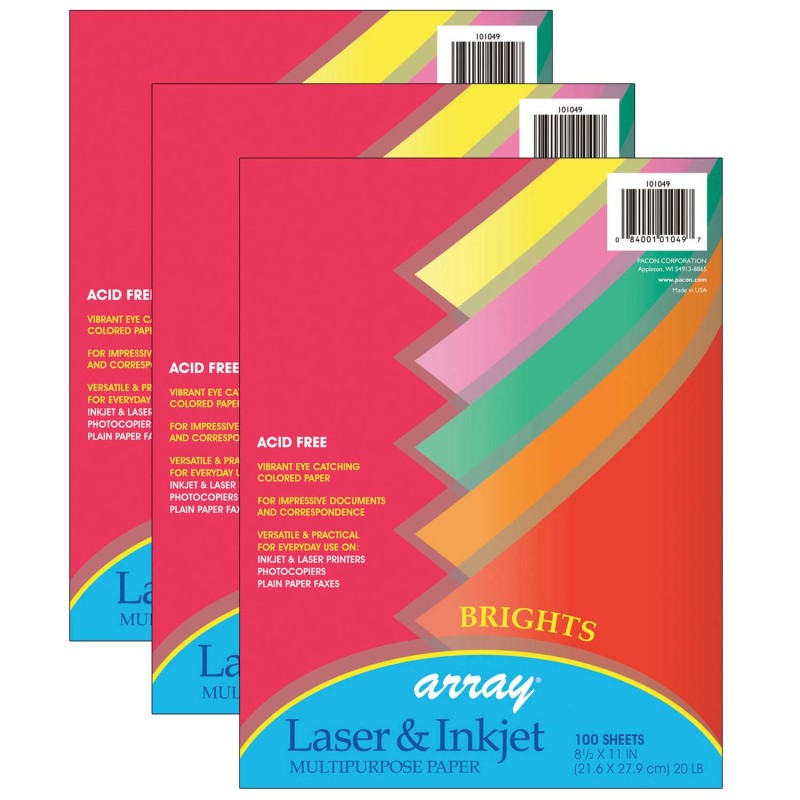 PACON - Bright Multi-Purpose Paper, 5 Assorted Colors, 20 lb., 8-1/2" x 11", 100 Sheets Per Pack, 3 Packs