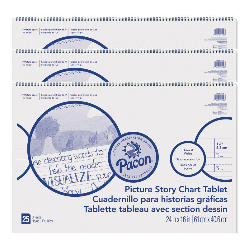 PACON - Picture Story Chart Tablet, White, Ruled Long, 1-1/2" Ruled, 24" x 16", 25 Sheets, Pack of 3