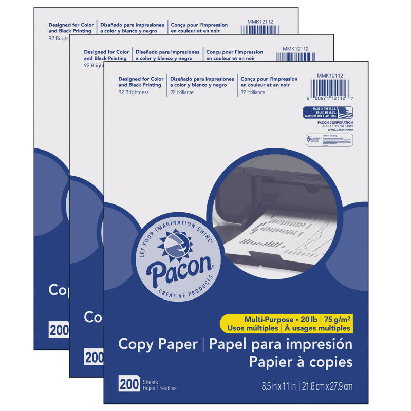 PACON - Multi-Purpose Paper, White, 20 lb., 8-1/2" x 11", 200 Sheets Per Pack, 3 Packs