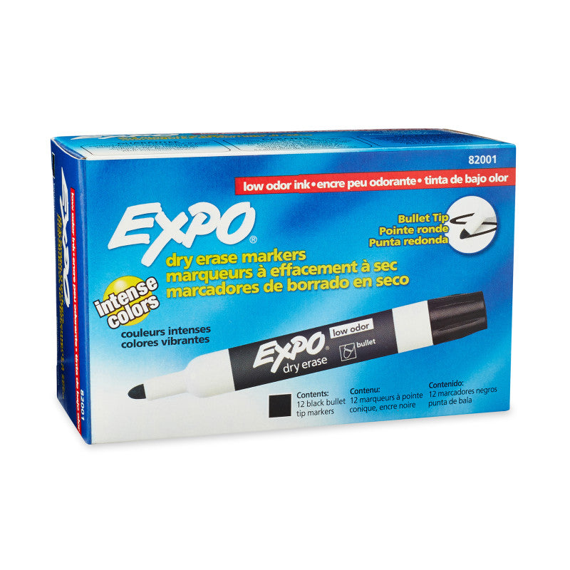 EXPO - Low Odor Dry Erase Markers, Bullet Tip, Black, Box of 12