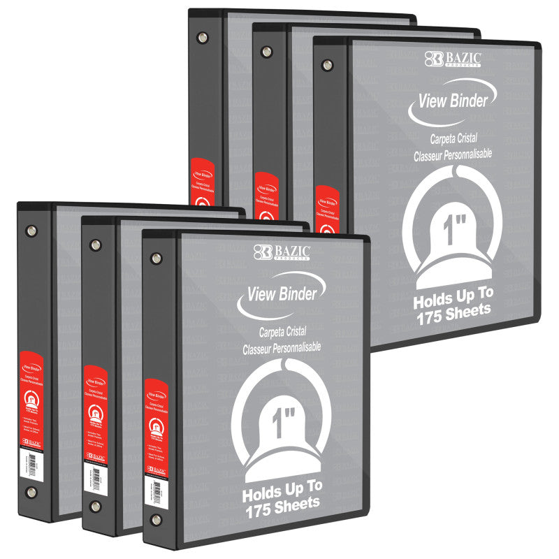 BAZIC PRODUCTS - View Binder, 3-Ring, 1", 2 Pockets, Black, Pack of 6