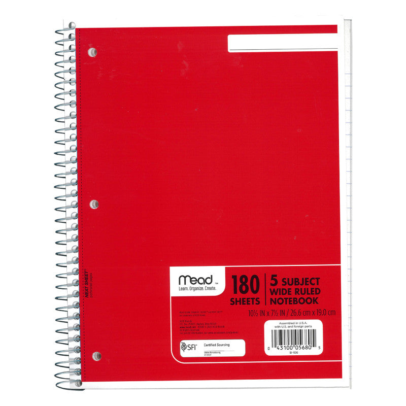Spiral Notebook, 5 Subject, Wide Ruled Paper, 180 Sheets, 10-1/2" x 8", Assorted Colors, 1 Count