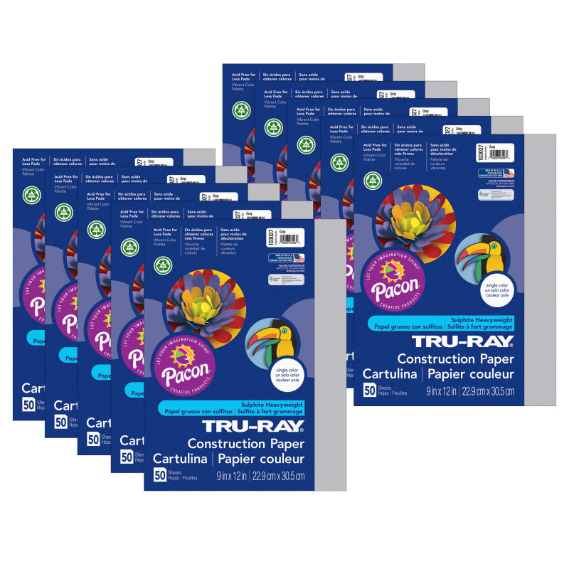 TRU-RAY - Construction Paper, Gray, 9" x 12", 50 Sheets Per Pack, 10 Packs (PAC103027-10)