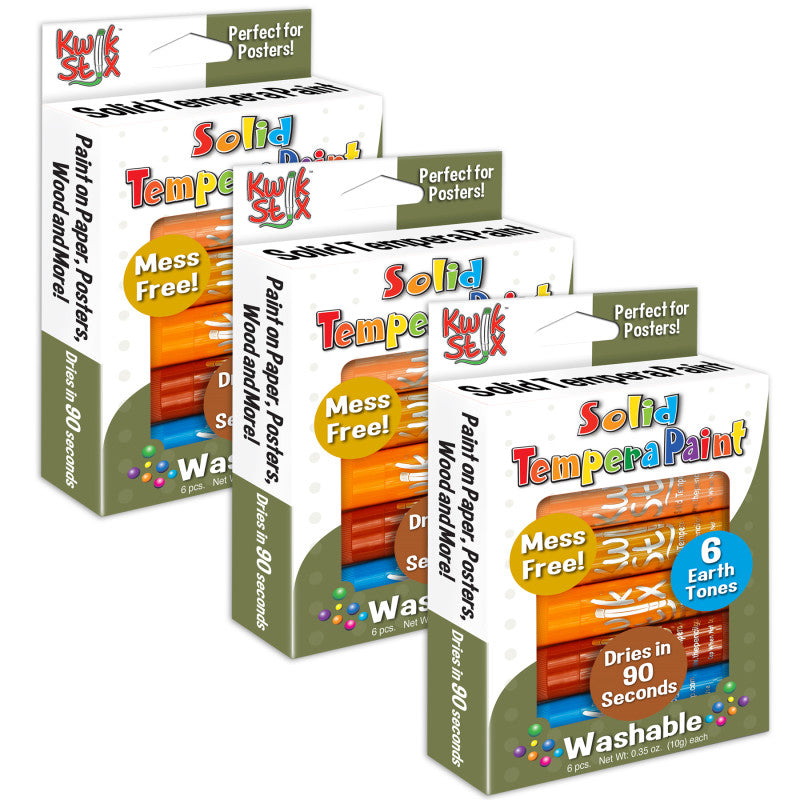KWIK STIX - Solid Tempera Paint, Earth Tones, 6 Per Pack, 3 Packs