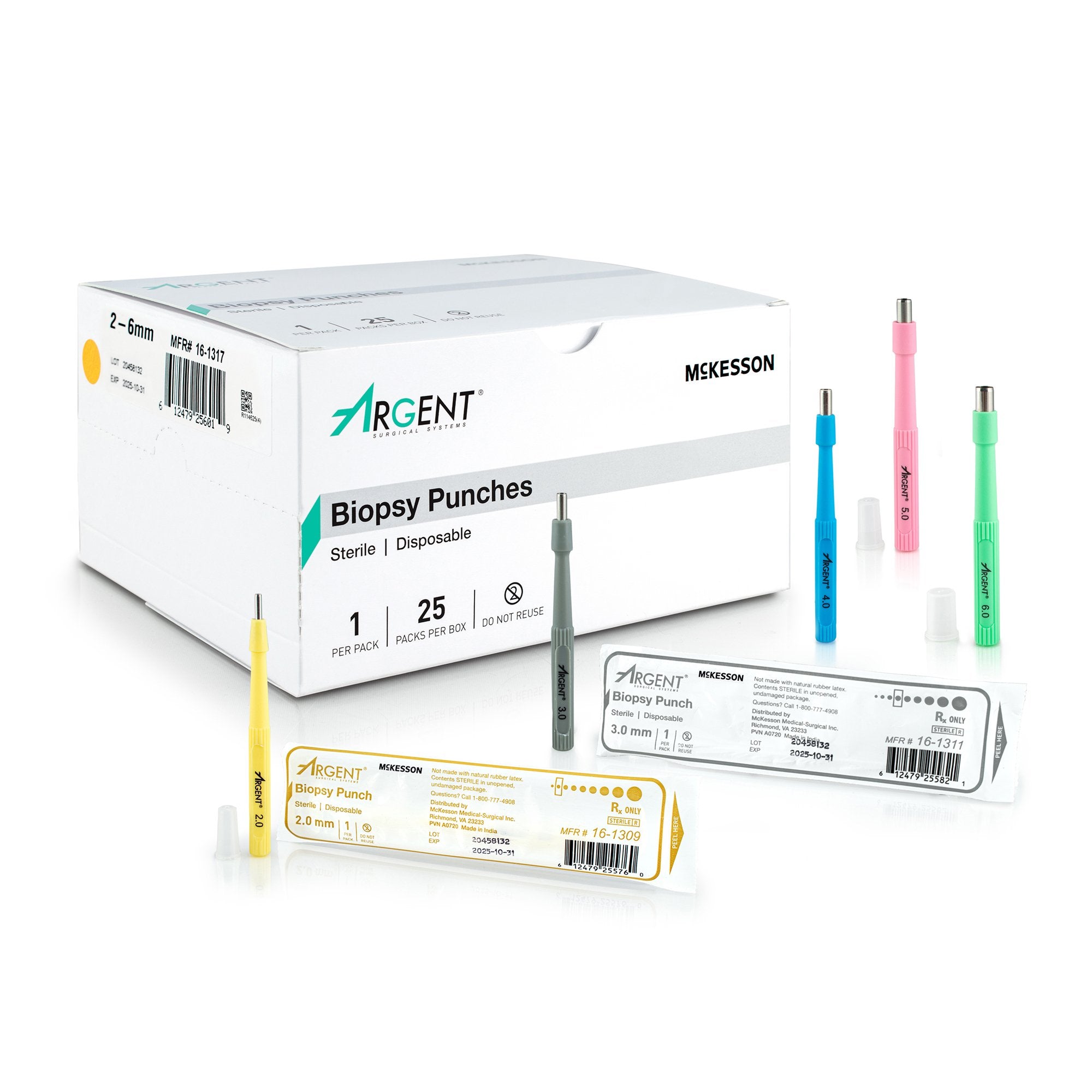 McKesson Brand - Biopsy Punch McKesson Argent™ Dermal Five 2 mm, Five 3 mm, Five 4 mm, Five 5 mm, and Five 6 mm [25/BX]