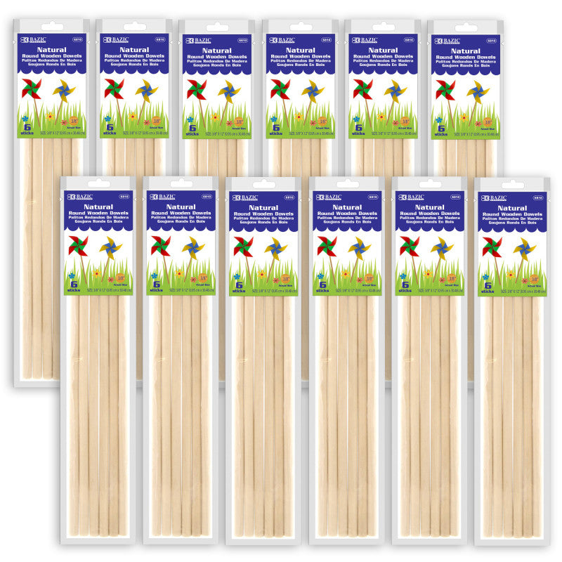 BAZIC PRODUCTS - Round Natural Wooden Dowel, 3/8" x 12", 6 Per Pack, 12 Packs