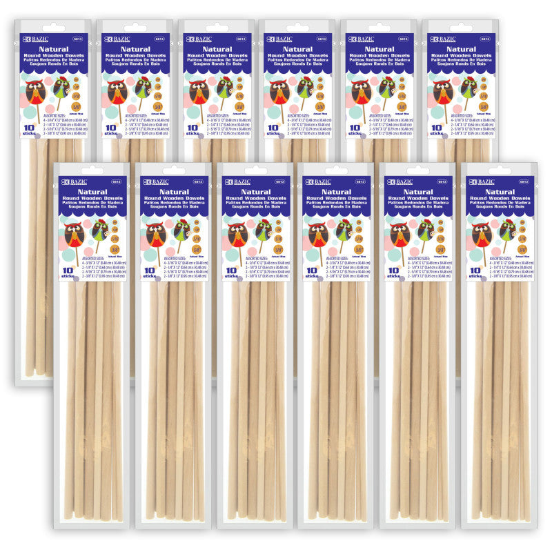 BAZIC PRODUCTS - Assorted Round Natural Wooden Dowel, 10 Per Pack, 12 Packs