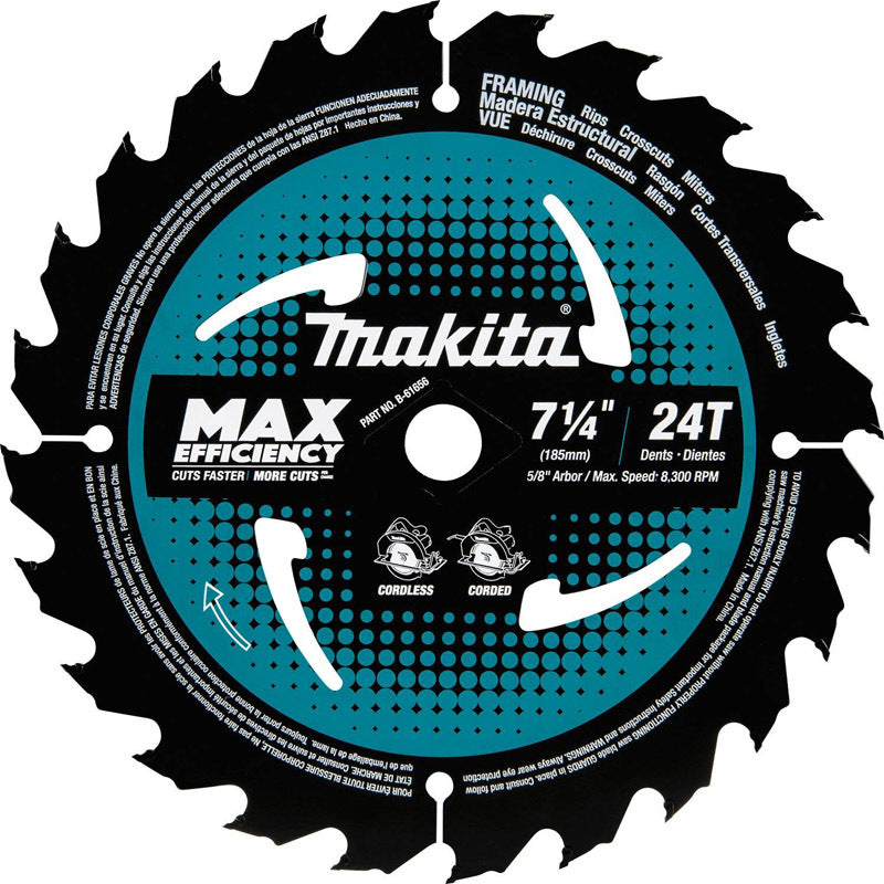 MAKITA - Makita 7-1/4 in. D X 5/8 in. Max Efficiency Carbide Tipped Circular Saw Blade 24 teeth 1 pk