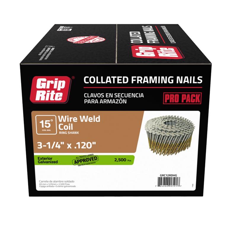 GRIP-RITE - Grip-Rite 3-1/4 in. 11 Ga. Wire Coil Hot-Dip Galvanized Framing Nails 15 deg 2500 pk