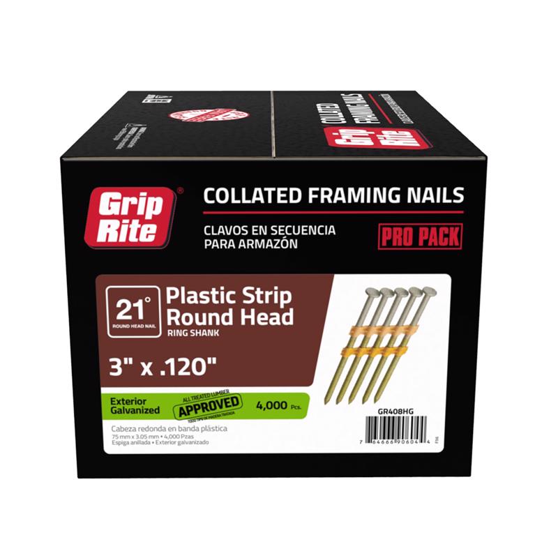 GRIP-RITE - Grip-Rite 3 in. 11 Ga. Angled Strip Hot-Dip Galvanized Framing Nails 21 deg 4000 pk