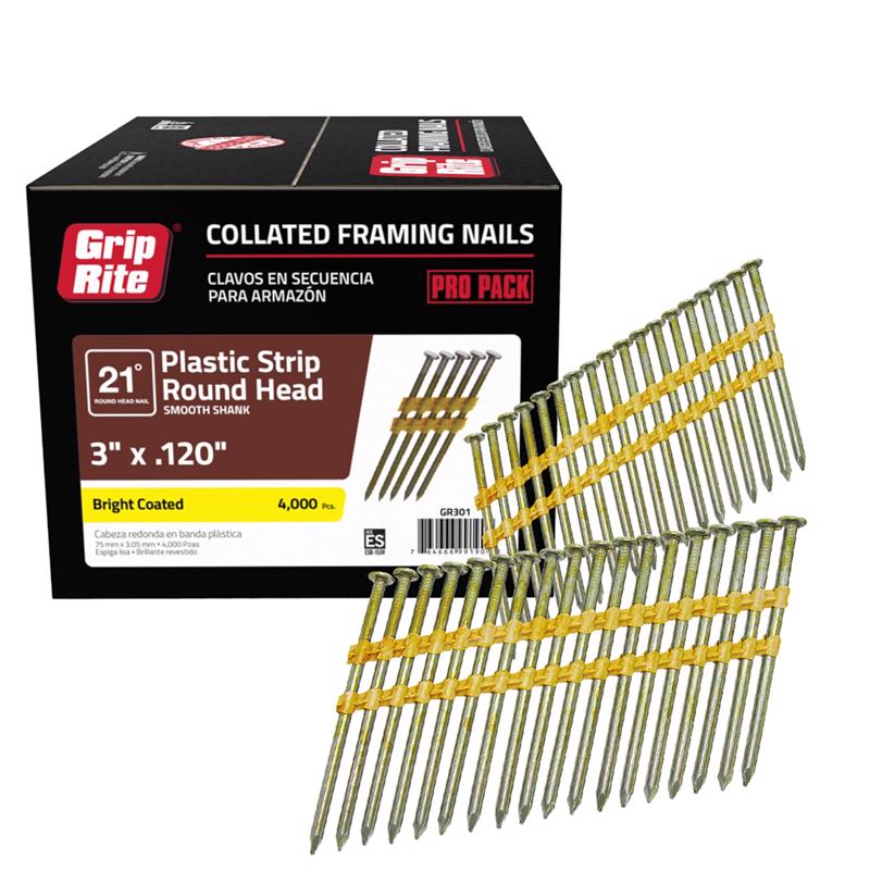 GRIP-RITE - Grip-Rite 3 in. 11 Ga. Angled Strip Bright Framing Nails 21 deg 4000 pk