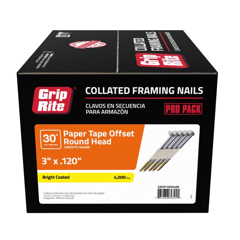 GRIP-RITE - Grip-Rite 3 in. 12 Ga. Angled Strip Bright Framing Nails 30 deg 4000 pk