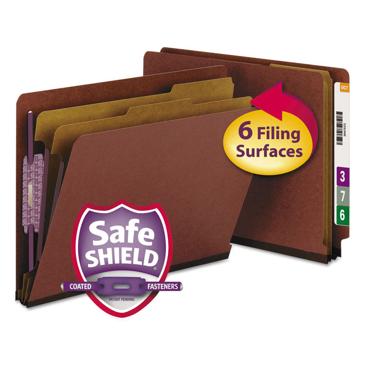 Smead - End Tab Pressboard Classification Folders with SafeSHIELD Coated Fasteners, 2 Dividers, Letter Size, Red, 10/Box