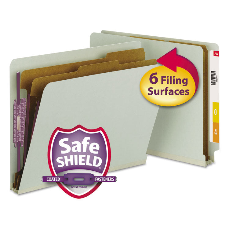 Smead - End Tab Pressboard Classification Folders with SafeSHIELD Coated Fasteners, 2 Dividers, Letter Size, Gray-Green, 10/Box