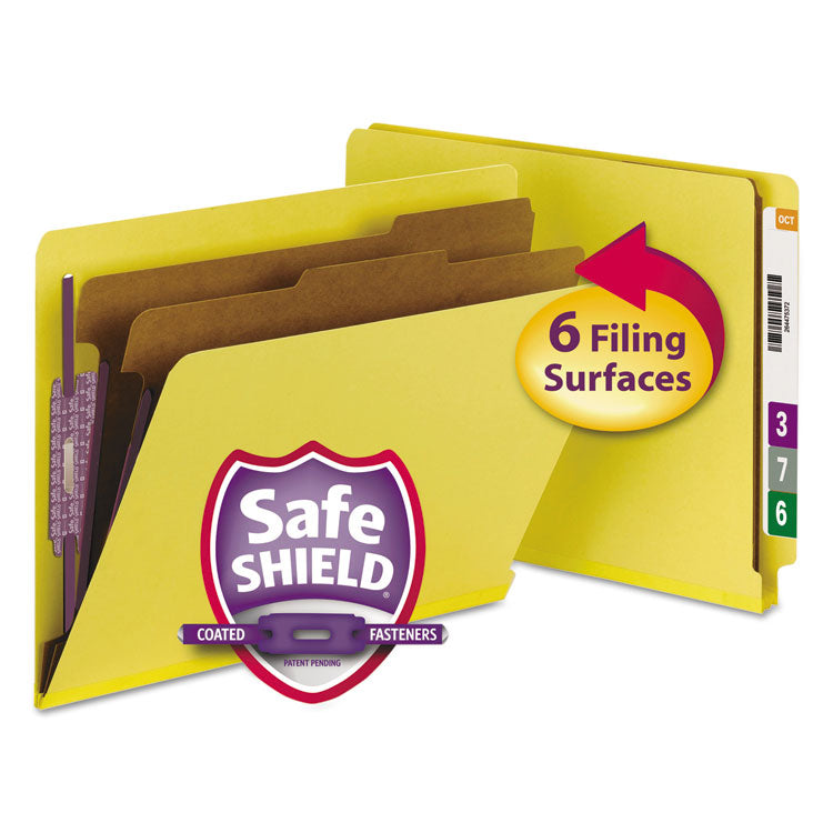 Smead - End Tab Colored Pressboard Classification Folders with SafeSHIELD Coated Fasteners, 2 Dividers, Letter Size, Yellow, 10/Box