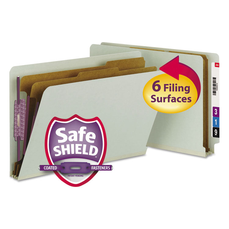 Smead - End Tab Pressboard Classification Folders with SafeSHIELD Coated Fasteners, 2 Dividers, Legal Size, Gray-Green, 10/Box