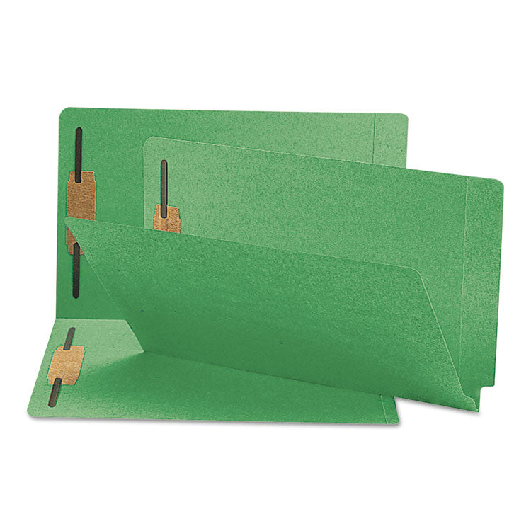 Smead - Heavyweight Colored End Tab Fastener Folders, 2 Fasteners, Legal Size, Green Exterior, 50/Box