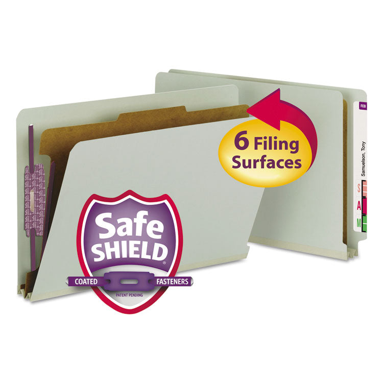 Smead - End Tab Pressboard Classification Folders with SafeSHIELD Coated Fasteners, 1 Divider, Legal Size, Gray-Green, 10/Box