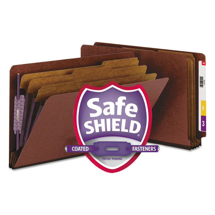 Smead - End Tab Pressboard Classification Folders with SafeSHIELD Coated Fasteners, 3 Dividers, Legal Size, Red, 10/Box