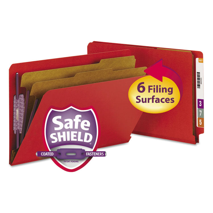 Smead - End Tab Pressboard Classification Folders with SafeSHIELD Fasteners, 2 Dividers, Legal Size, Bright Red, 10/Box