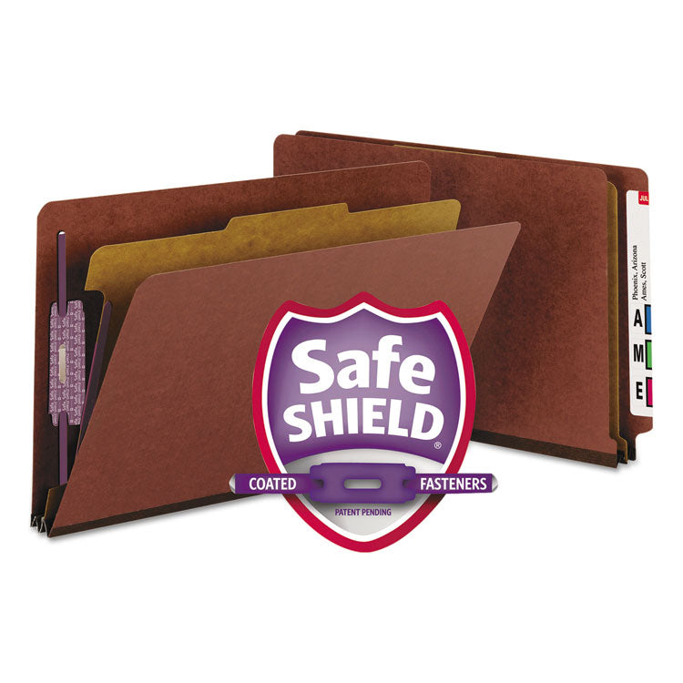 Smead - End Tab Pressboard Classification Folders with SafeSHIELD Coated Fasteners, 1 Divider, Legal Size, Red, 10/Box