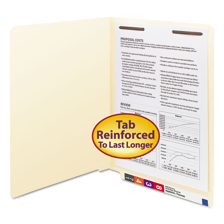 Smead - Manila End Tab Fastener Folders with Reinforced Tabs, 11-pt Stock, 1 Fastener, Letter Size, Manila Exterior, 50/Box